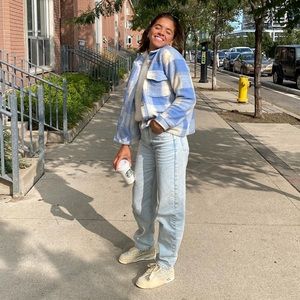 Blue and White Checkered Shirt Jacket